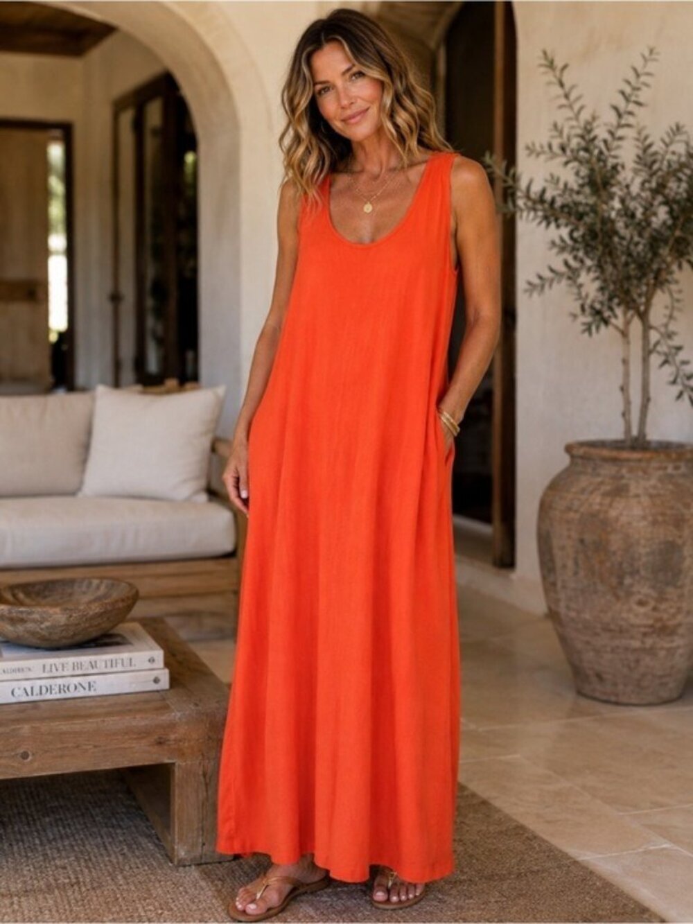 Celestino Collection Sleeveless Bright Orange Maxi Dress with Scoop Neck Large
